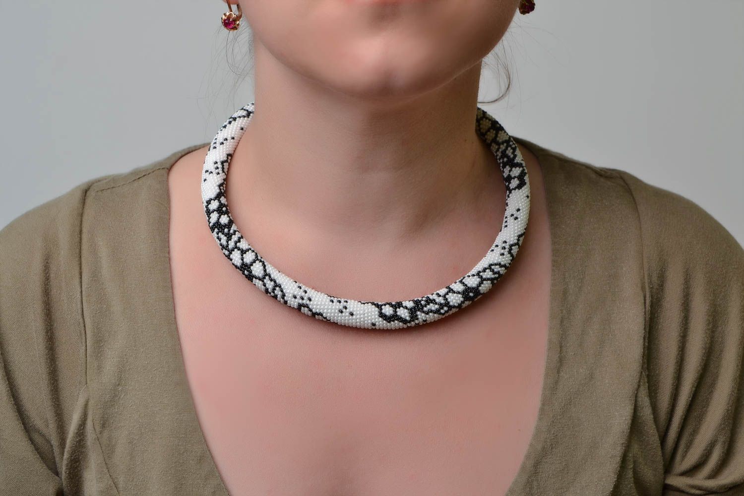 Beautiful black and white handmade beaded cord necklace designer jewelry photo 1