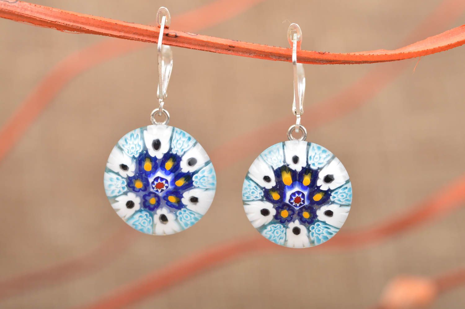 Handmade murano glass round dangle earrings blue with yellow dots photo 1