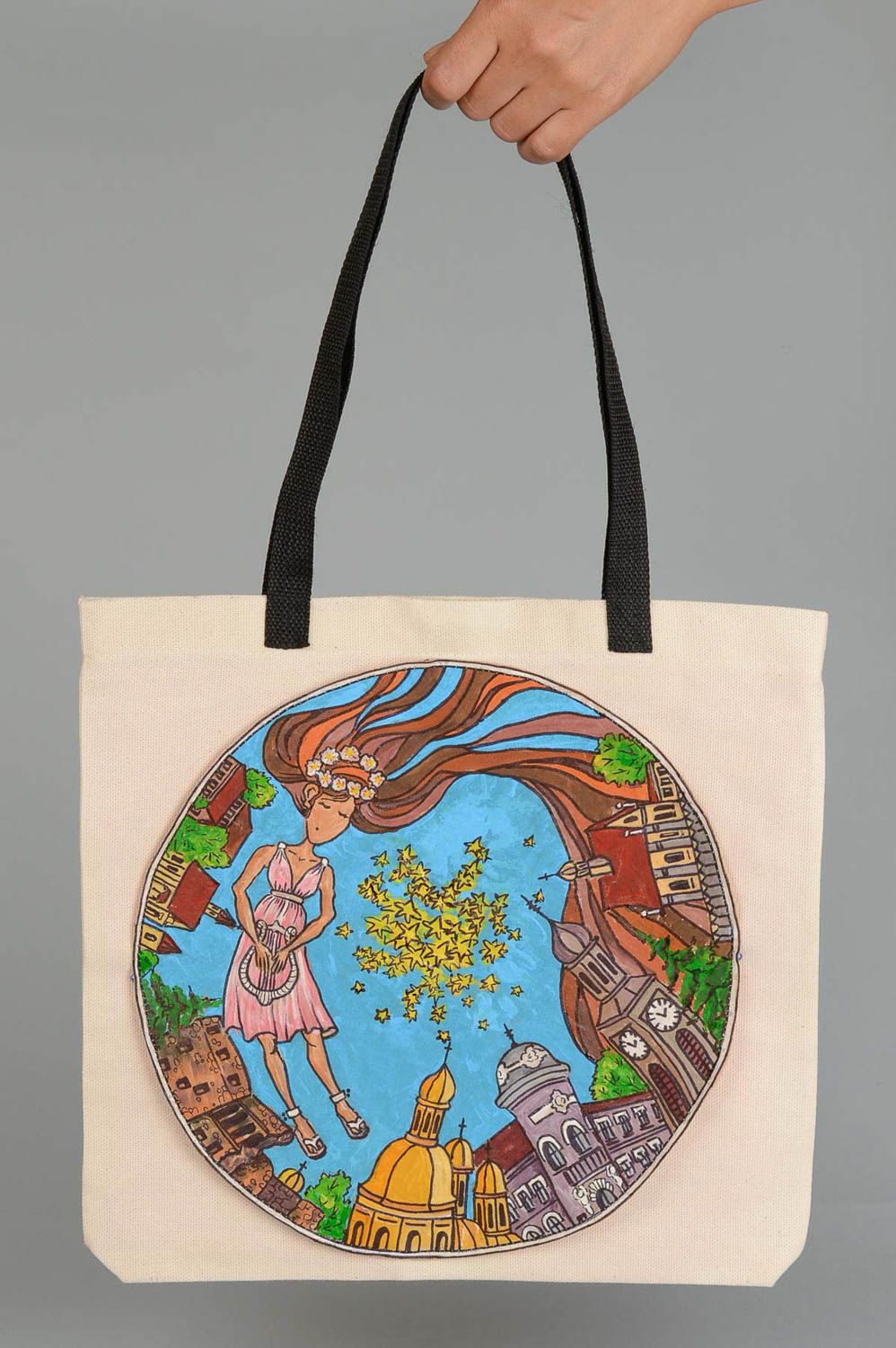 Handmade shoulder bag with painting stylish handbag fabric handbag for girls photo 5