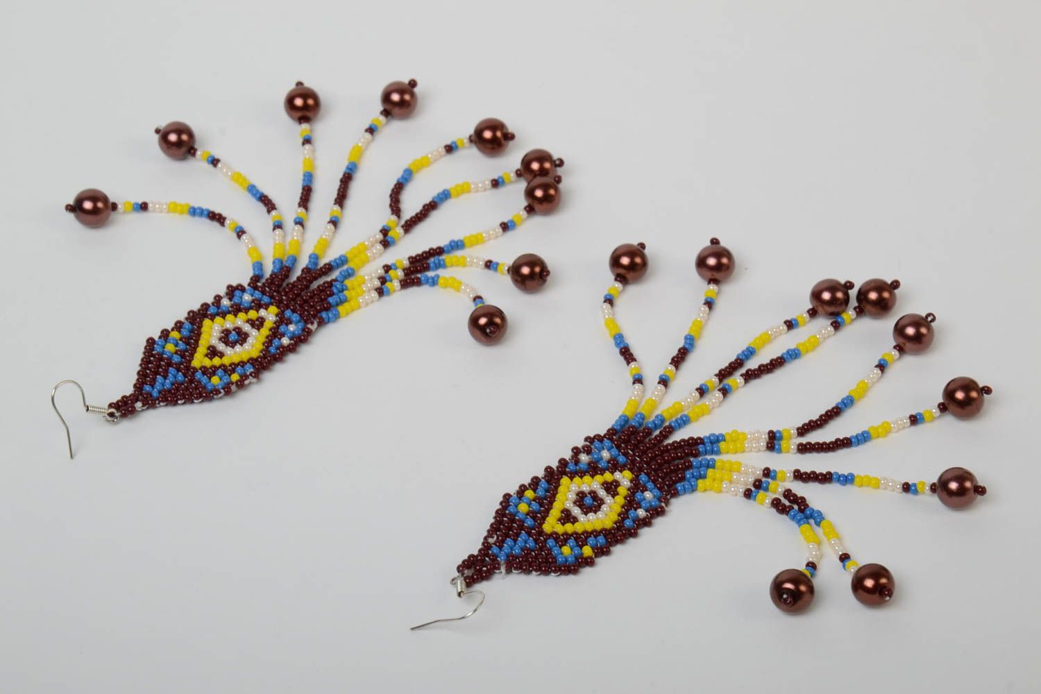 Beautiful handmade designer long earrings with beaded fringe and ethnic ornament photo 5