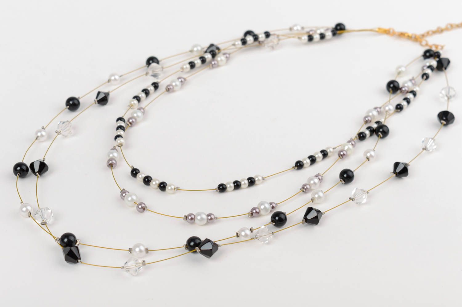 Handmade multi row black white necklace with ceramic pearls and Czech crystal photo 2