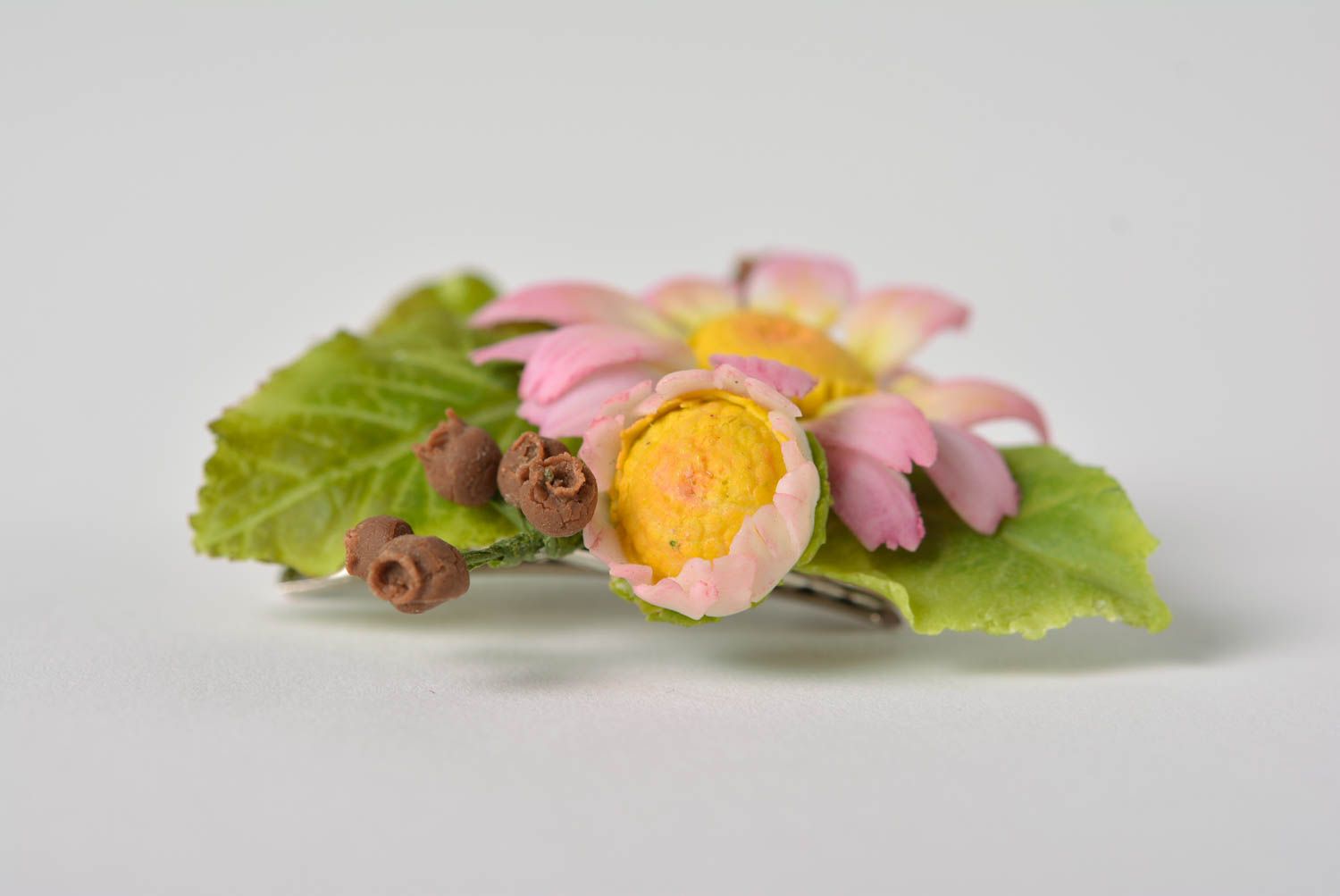 Handmade Japanese polymer clay brooch in the shape of tender floral composition photo 2