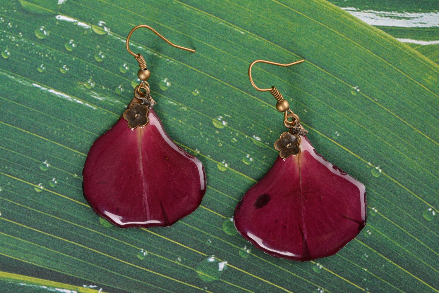 Earrings with dried flower petals beautiful graceful handmade botanic jewelry photo 3