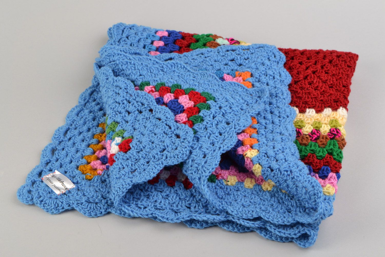 Handmade small blanket crocheted of semi-woolen colorful threads for children photo 4