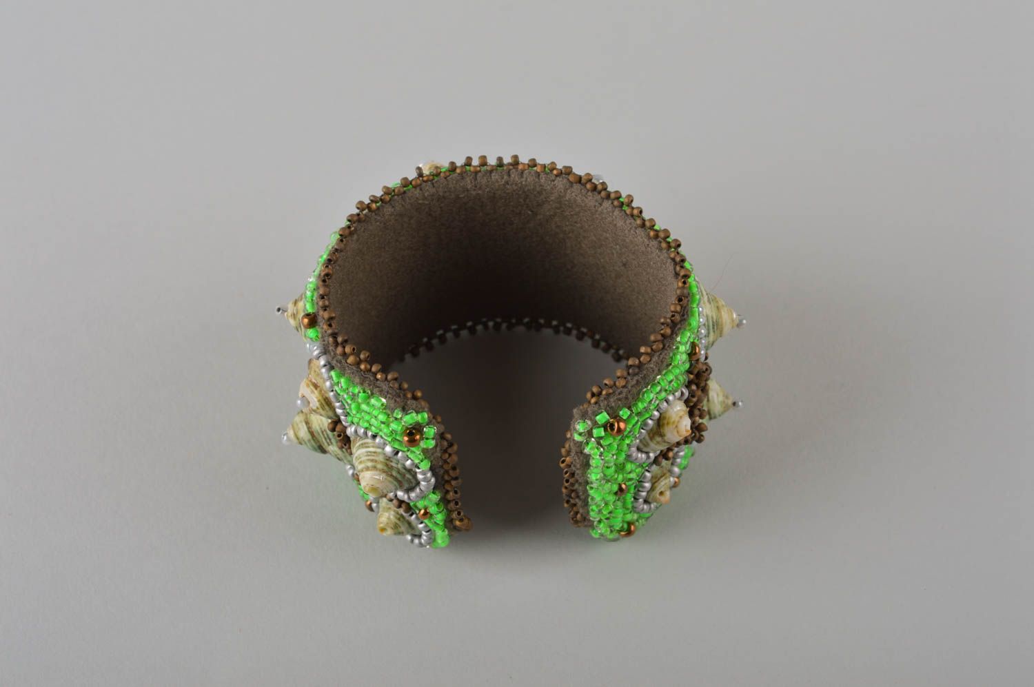 Cuff handmade beaded bracelet costume jewelry in light green and golden colors for women photo 5