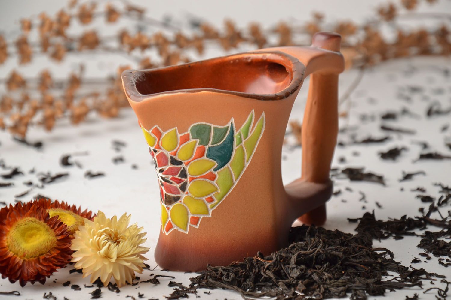 Handmade ceramic coffee cup with handle and sunflower pattern 0,63 lb photo 1