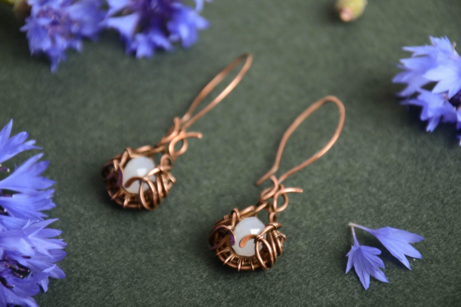 Beautiful handmade wire wrap copper earrings with natural stone designer jewelry photo 1