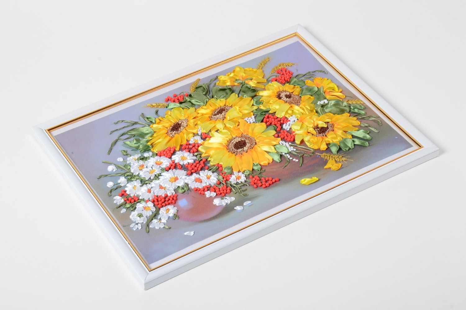 Exklusives handmade buntes Wandbild mit Blumen aus Atlas und Gabardine Sonnenblumen  foto 2