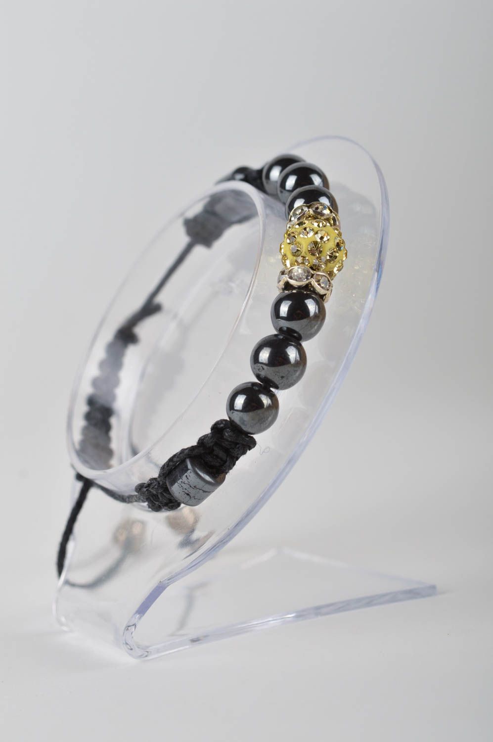 Handmade black beads strand bracelet on black cord with golden centerpiece for women photo 4
