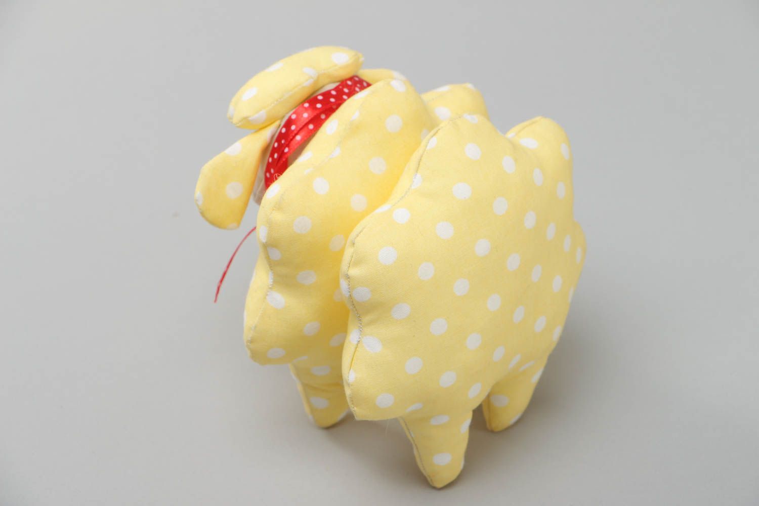 Handmade cotton fabric soft toy sheep of yellow color with white dots photo 4
