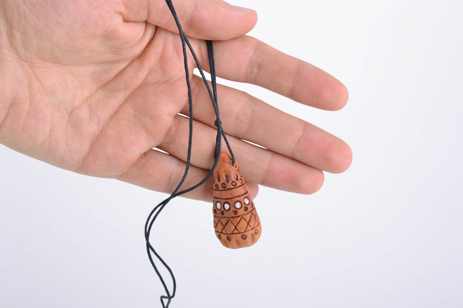 Handmade pendant made of clay unusually shaped brown accessory on long cord photo 2