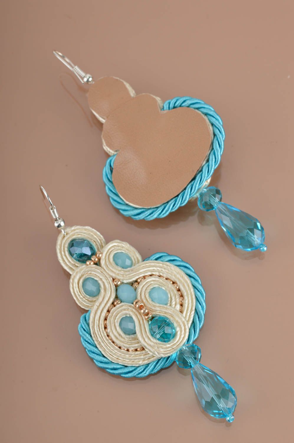 Beautiful blue and beige handmade designer soutache earrings with beads photo 5