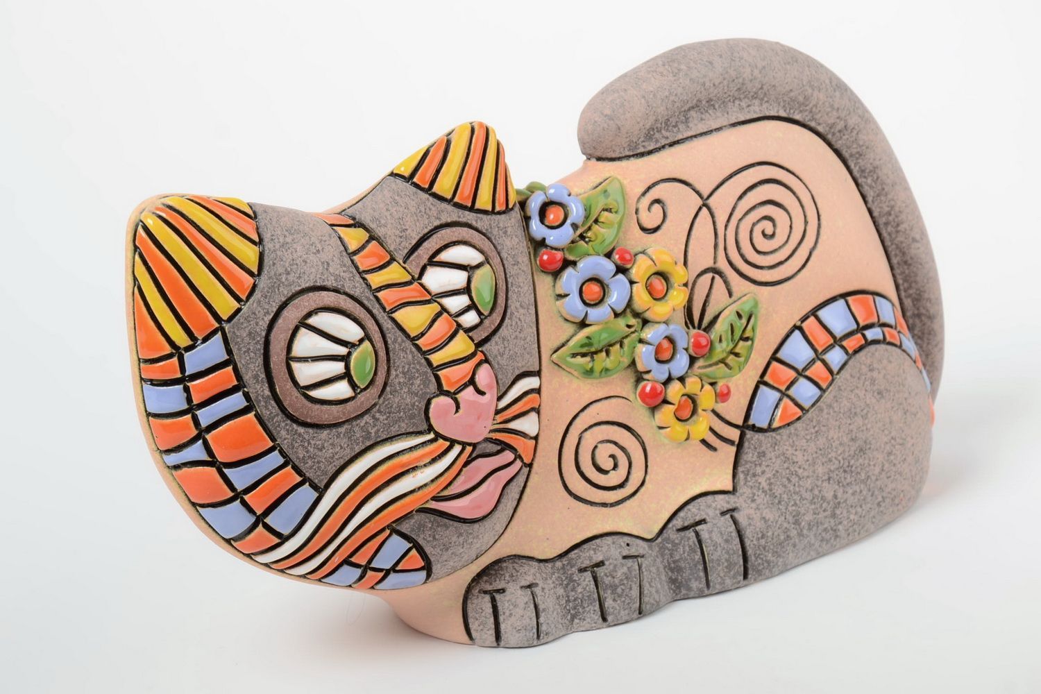 Jarrón decorativo artesanal de arcilla semi porcelana con forma de gato 1.2 l foto 2