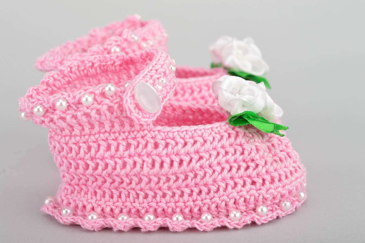 Crocheted cute designer handmade pink baby bootees made of acryl for girls photo 5