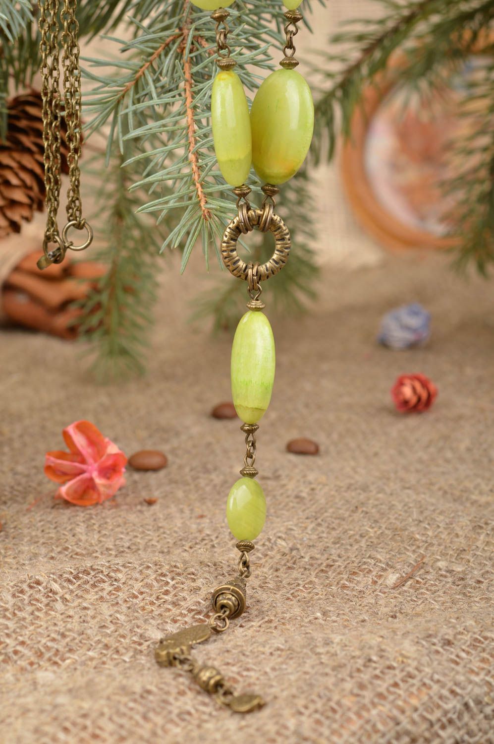 Unusual beautiful handcrafted metal necklace with beads of olive color photo 3