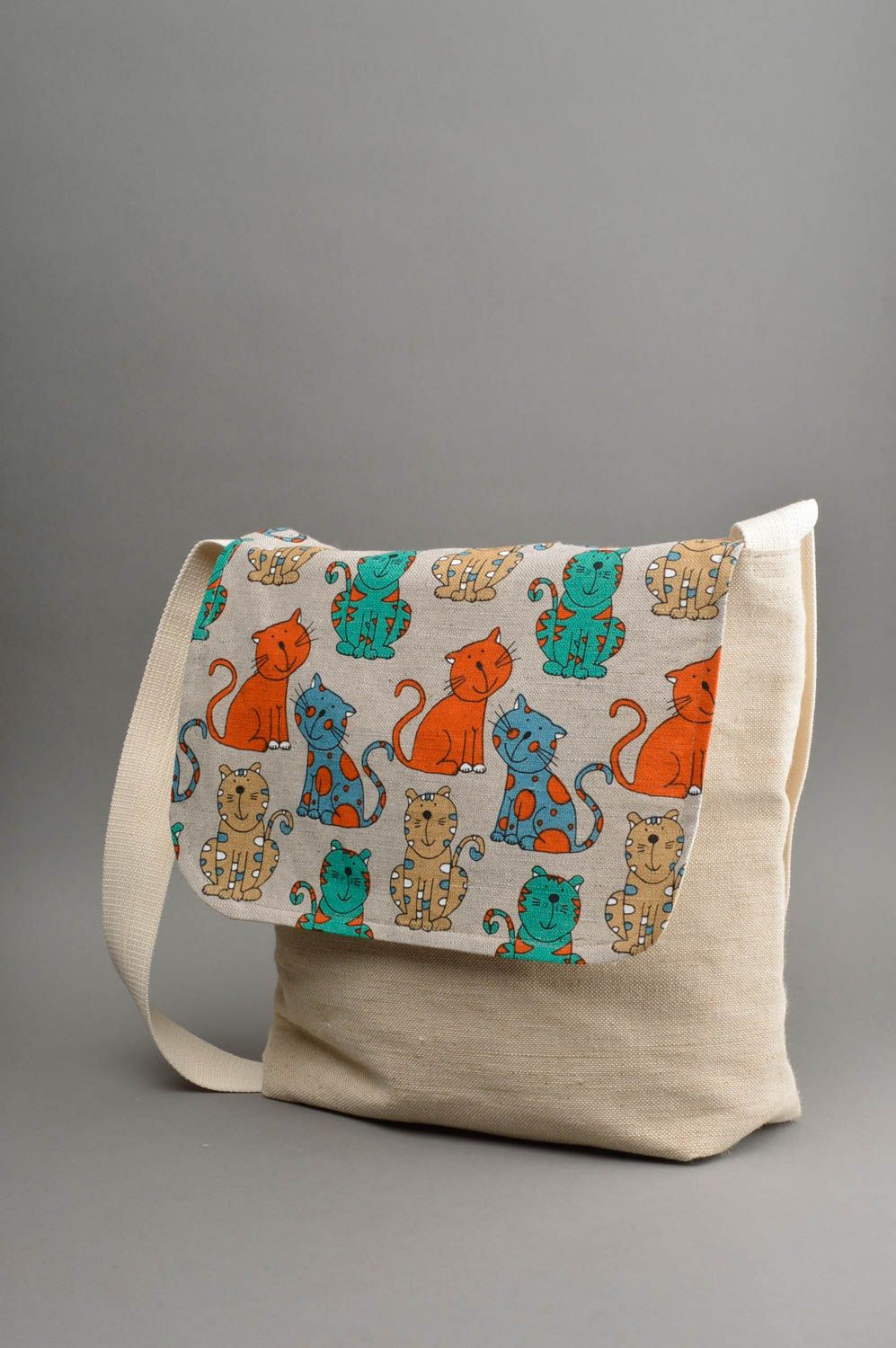 Sac en tissu fait main en lin beige et coton accessoire avec pochette intérieure photo 2