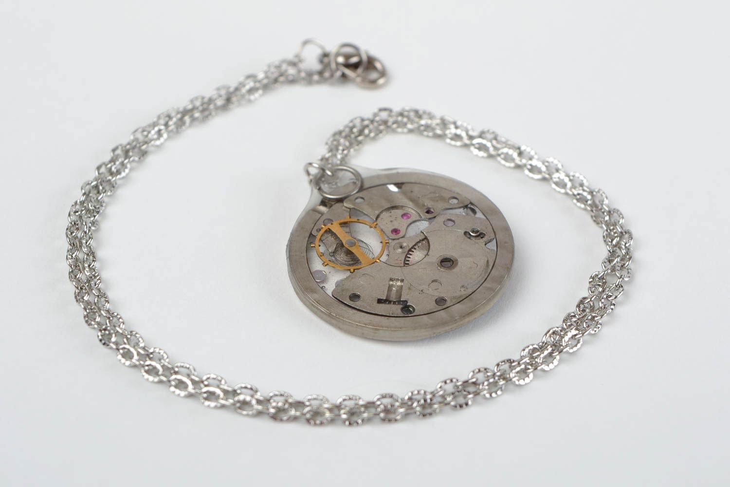 Handmade designer round steampunk pendant with rhinestones on metal chain photo 5