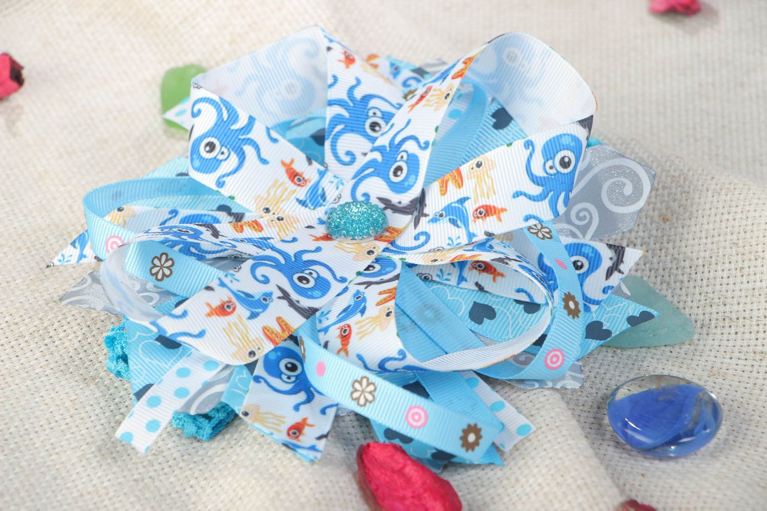 Tender handmade headband with stretch basis and bright blue satin ribbon bow photo 1
