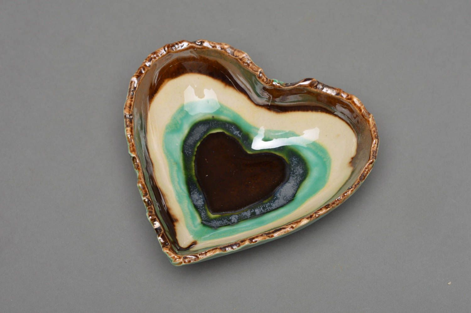 Small handmade decorative glazed heart-shaped bowl  turquoise brown and white photo 1