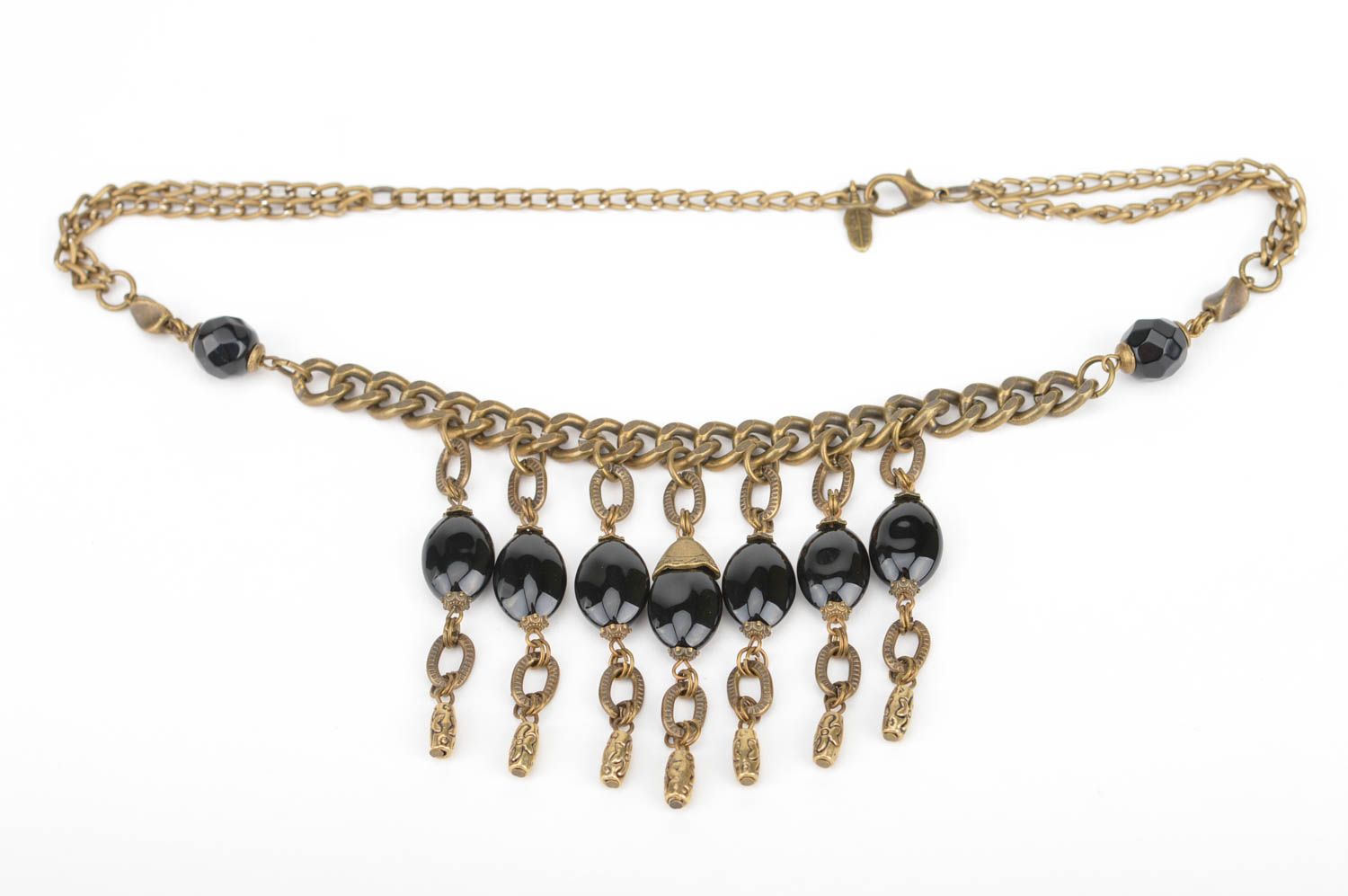 Handmade massive designer elegant metal chain necklace with large black beads photo 3