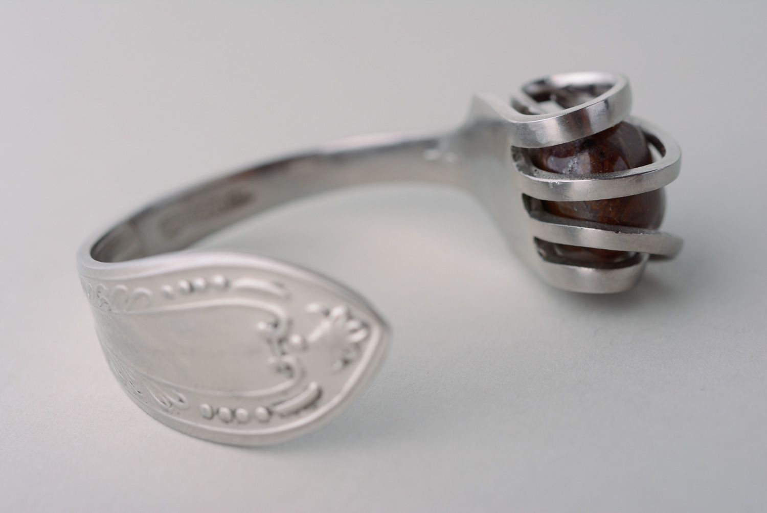 Handmade metal fork wrist bracelet with stone photo 4