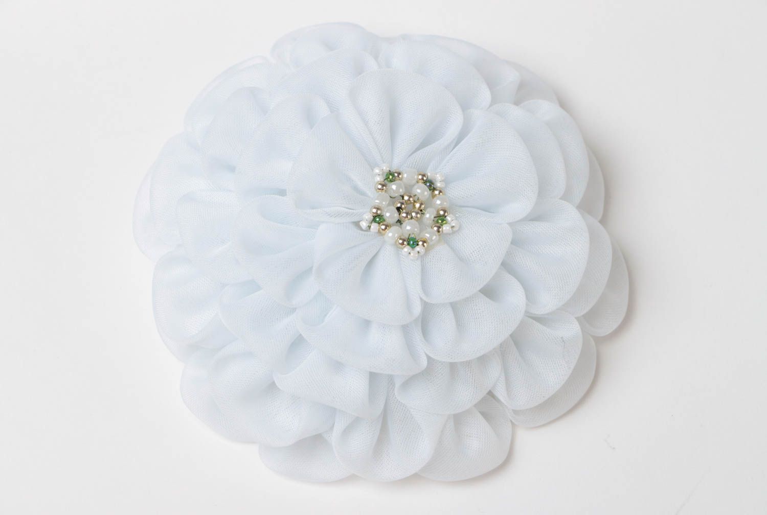 Handmade decorative hair clip with volume kanzashi flower made of white chiffon photo 2