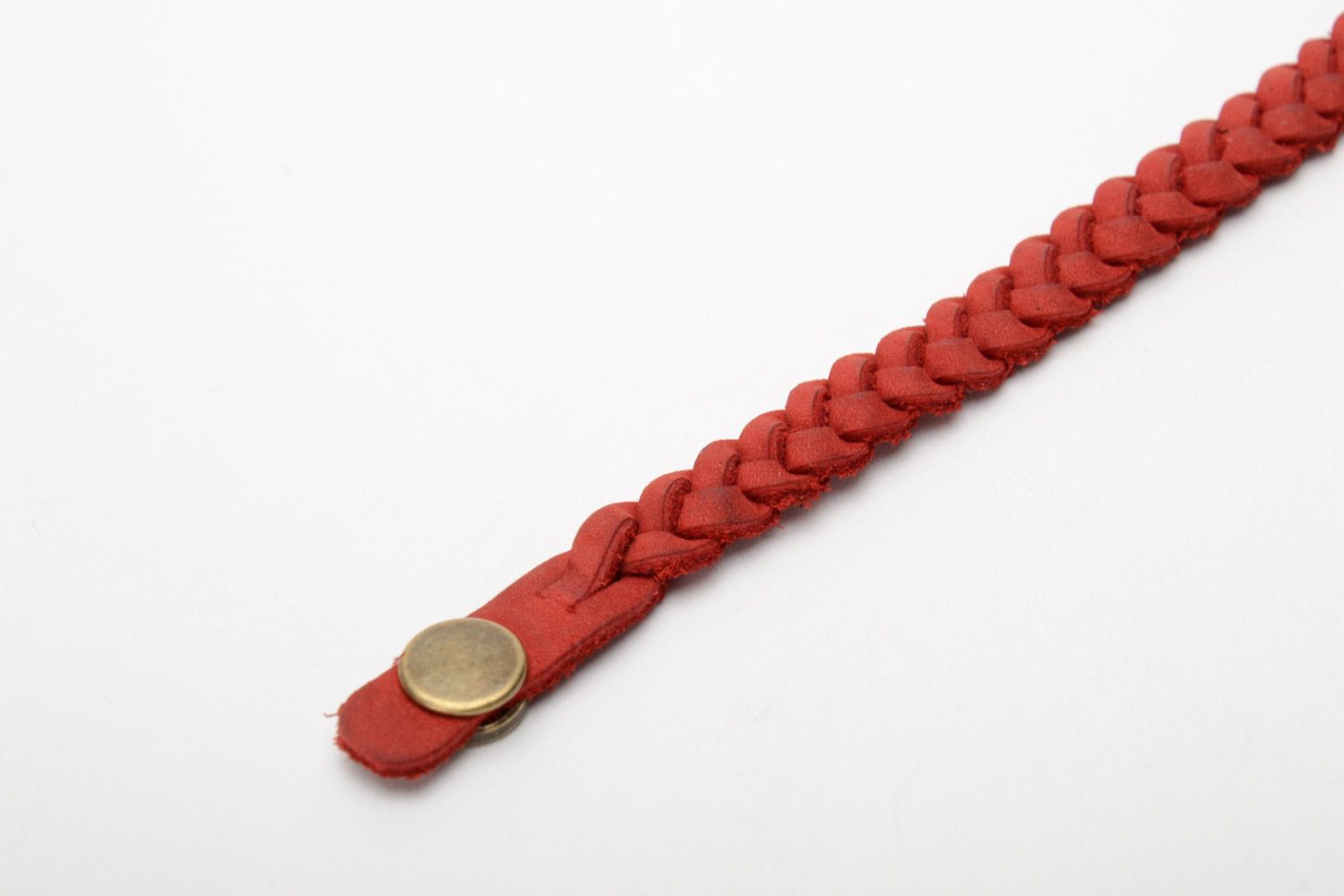 Thin handmade wrist bracelet woven of genuine leather of red color for women photo 5
