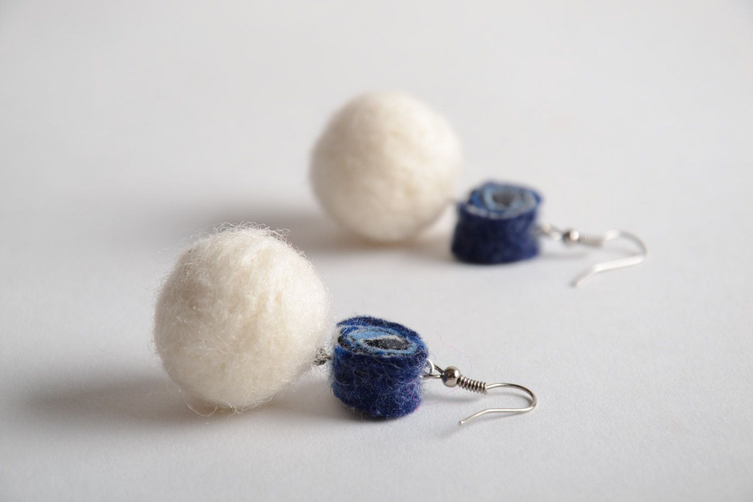 White and blue handmade long felted wool ball earrings for women photo 2