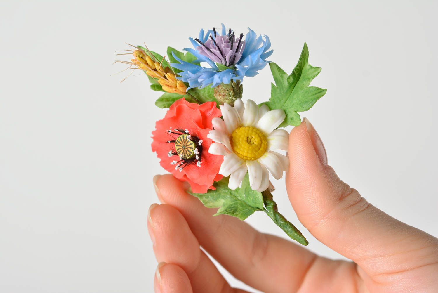 Unusual beautiful homemade polymer clay flower brooch designer accessory photo 1