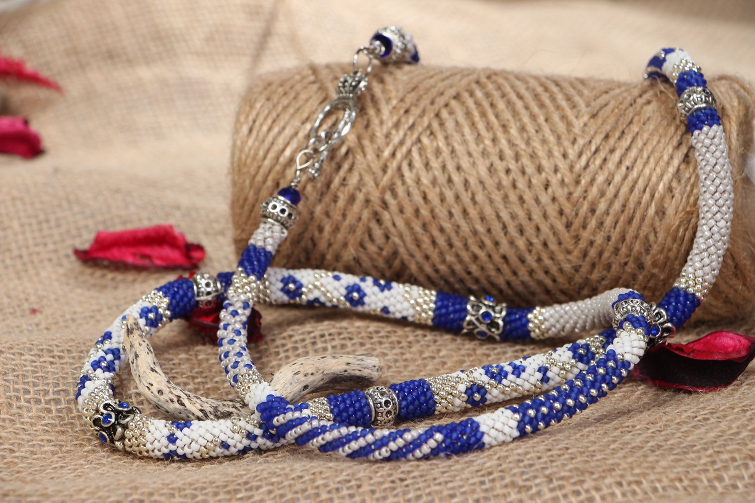 Handmade Japanese beaded cord necklace Blue Flowers photo 5