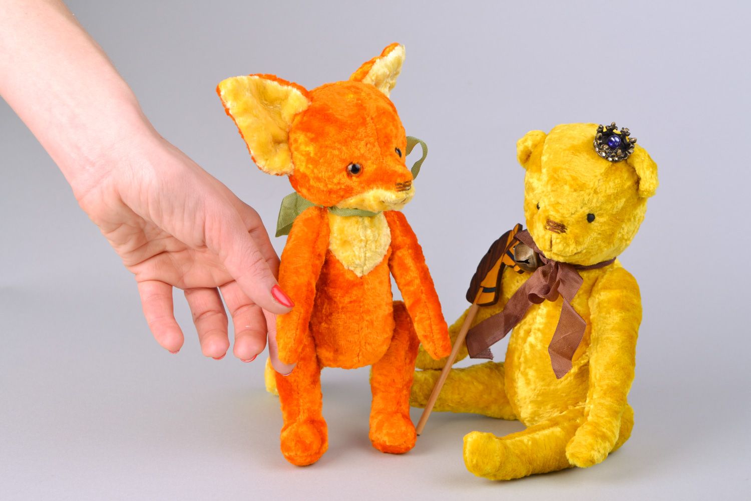 Handmade vintage designer soft plush toys of orange and yellow colors Fox and Bear photo 2