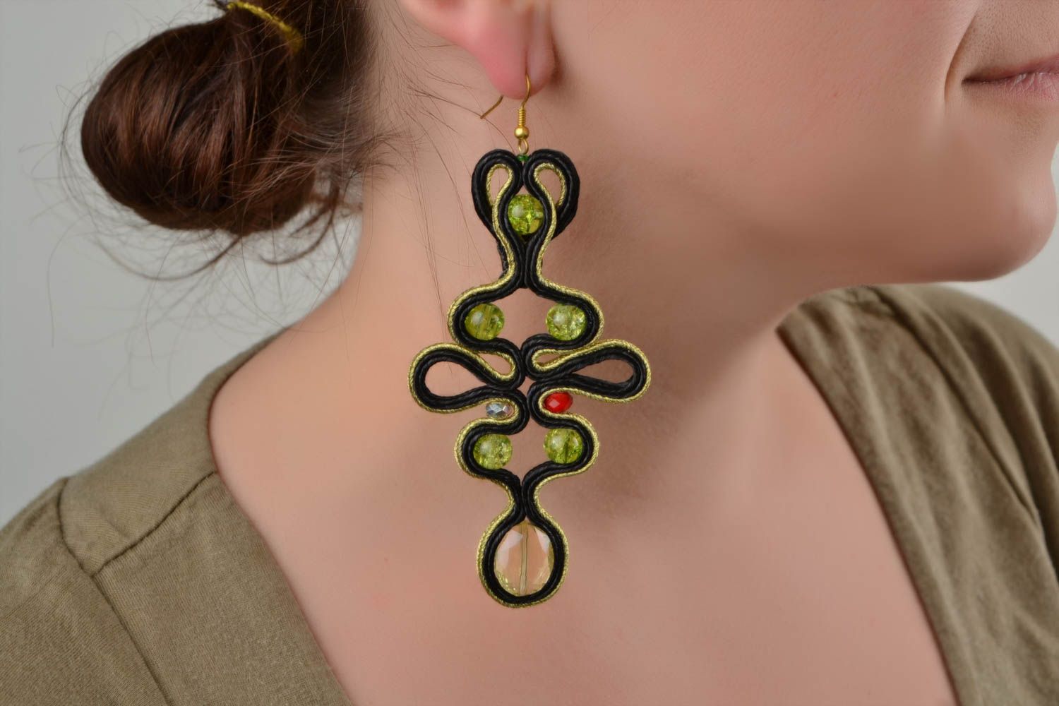 Black and green handmade massive soutache earrings with Czech crystal photo 2