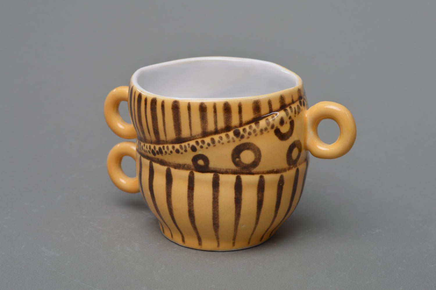 Art ceramic glazed 5 oz coffee cup in yellow and brown colors with three handles  photo 2