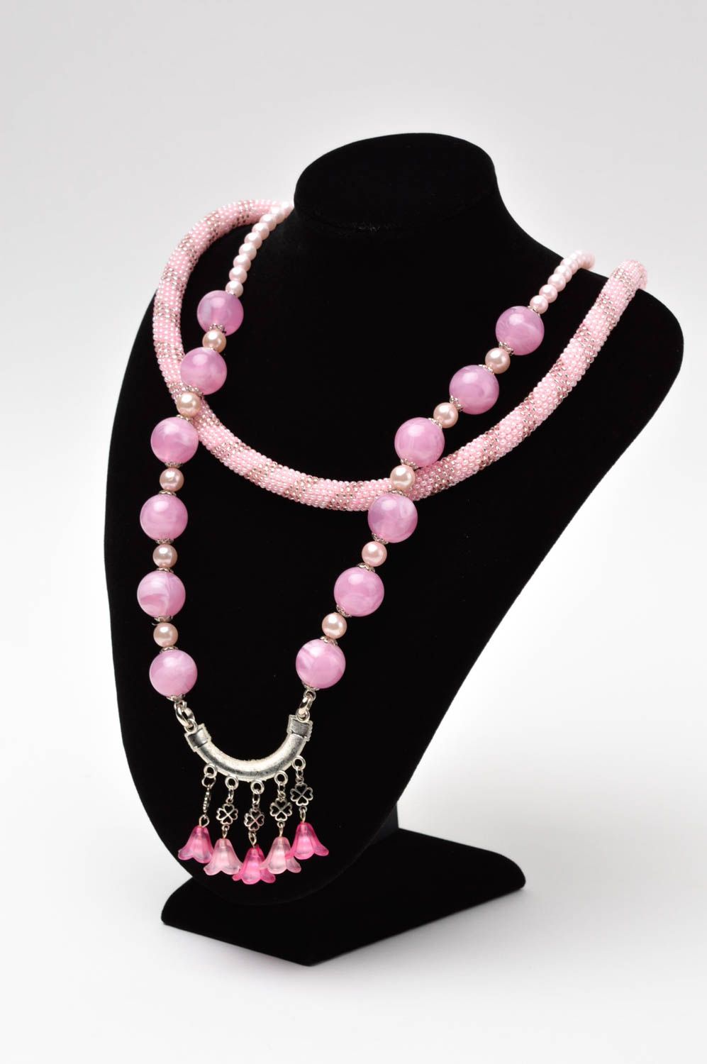 Колье из бисера украшение ручной работы розовое в два ряда ожерелье из бисера фото 1