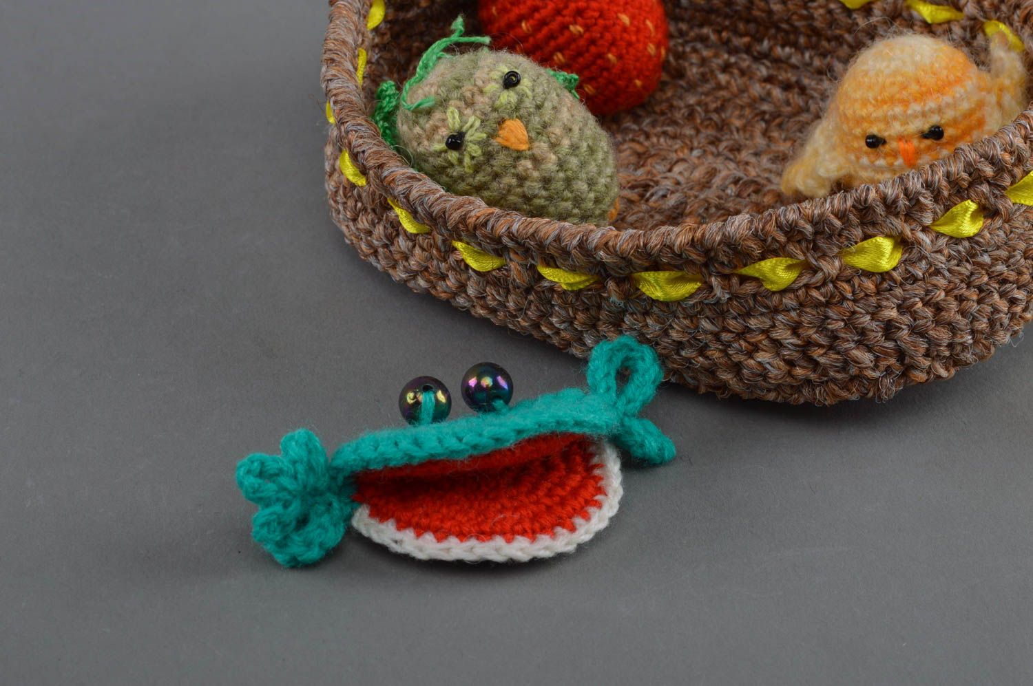 Soft crocheted toy frog with big mouth handmade colorful present for children photo 2