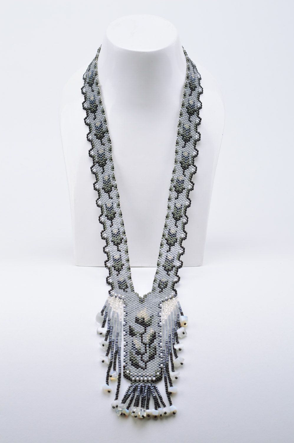 Handmade women's jewelry set 2 items beaded gerdan necklace and bracelet Shades of Gray photo 3