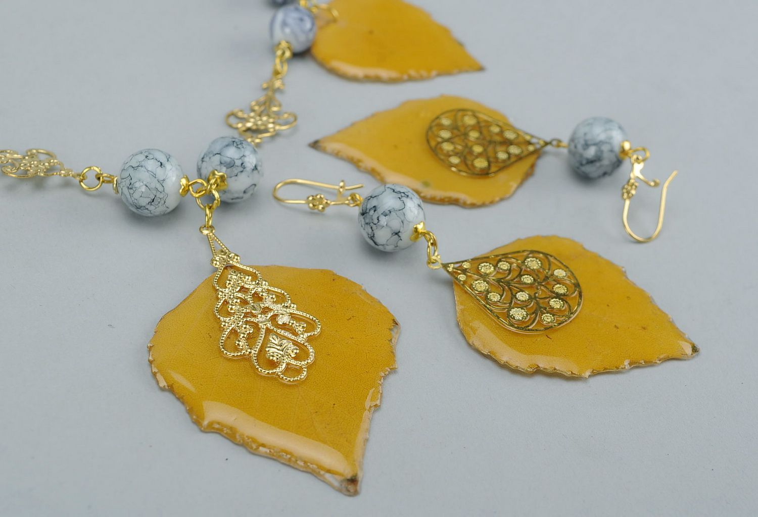 Jewelry set: beads & earrings Birch Leaves photo 2