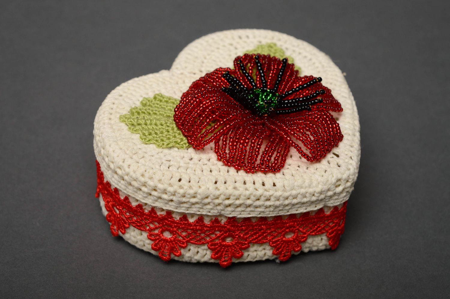 Unusual crochet over box with lace and beaded flower photo 1
