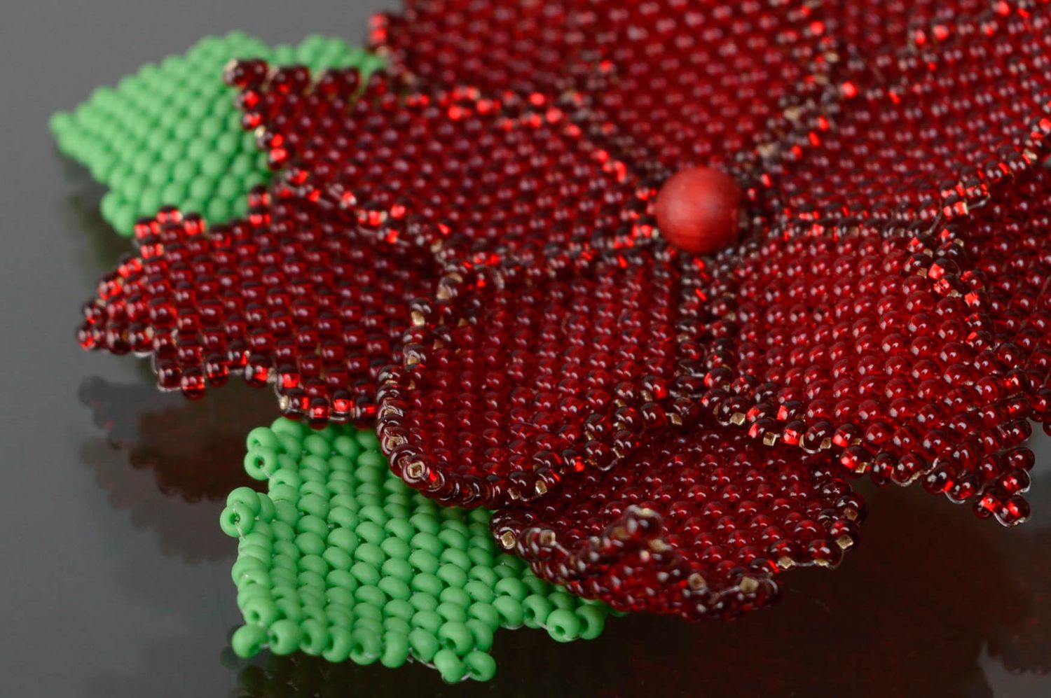 Beaded brooch in the shape of red flower photo 5