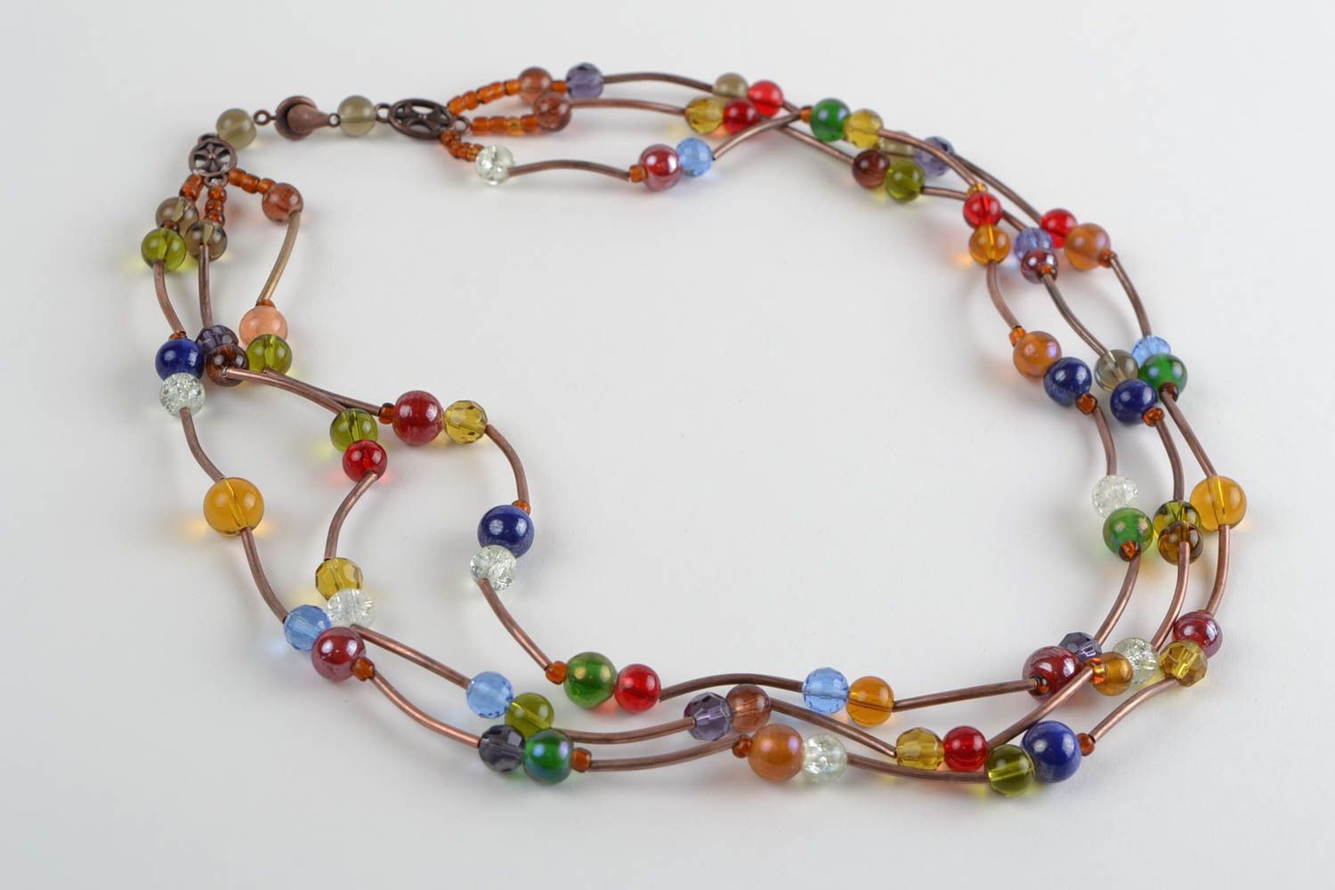 Handmade long multi row colorful designer beaded necklace with metal elements photo 5