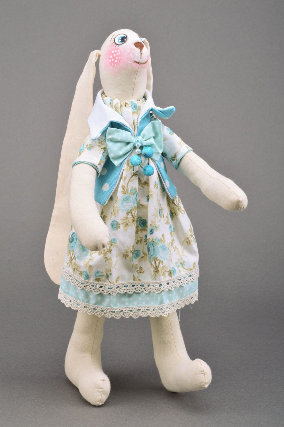 Handmade designer soft toy sewn of tapestry fabric Rabbit for interior decoration photo 3