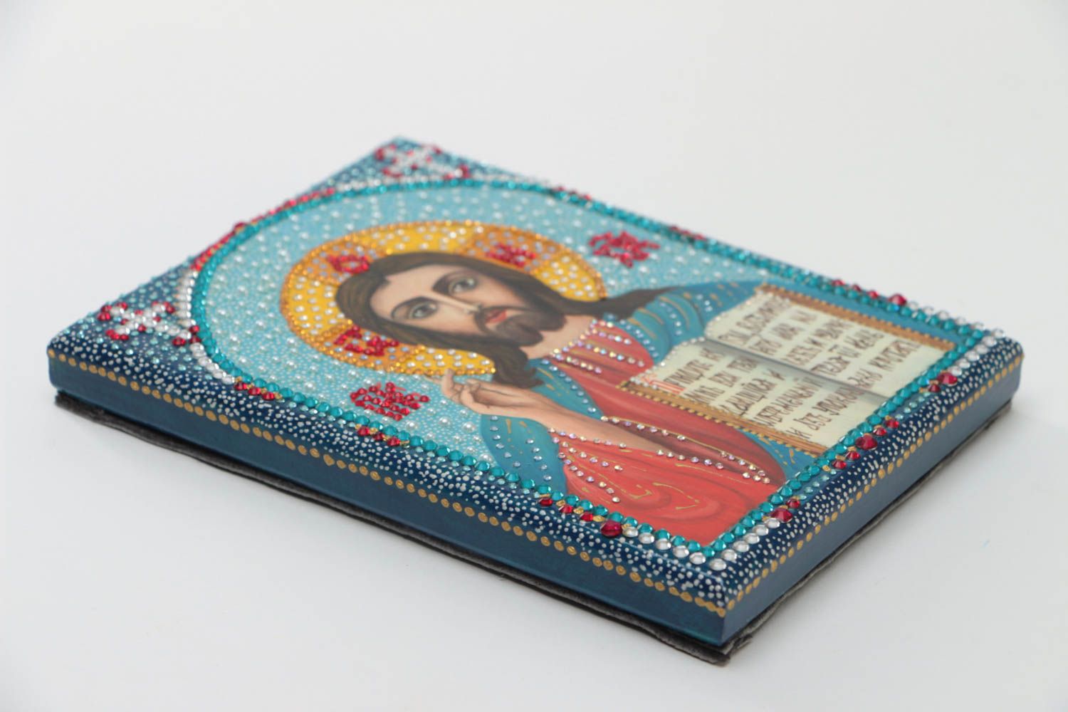 Handmade beautiful icon painted with gouache on wooden basis with rhinestones photo 4