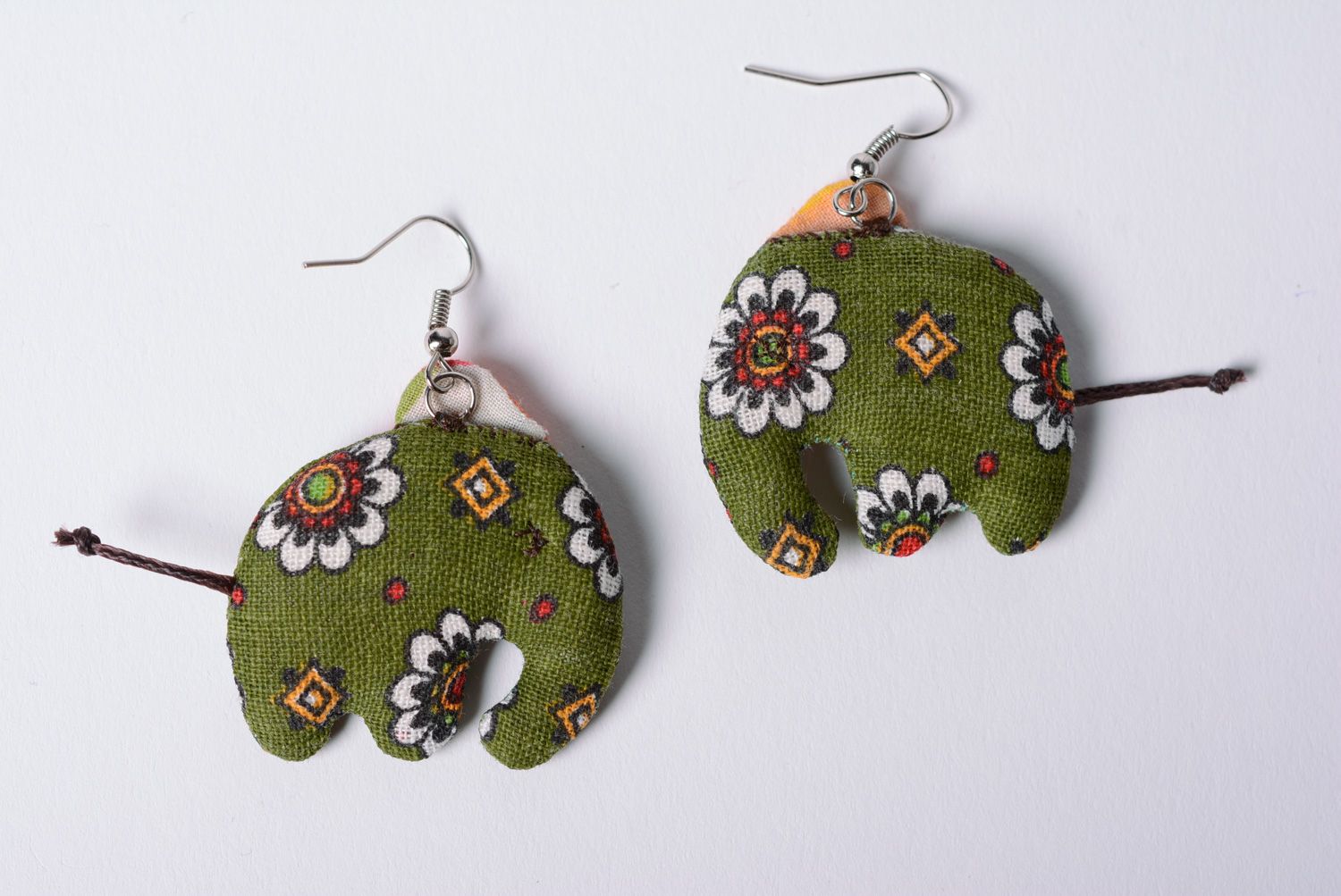 Bright handmade earrings sewn of fabric in green and orange colors elephants photo 5
