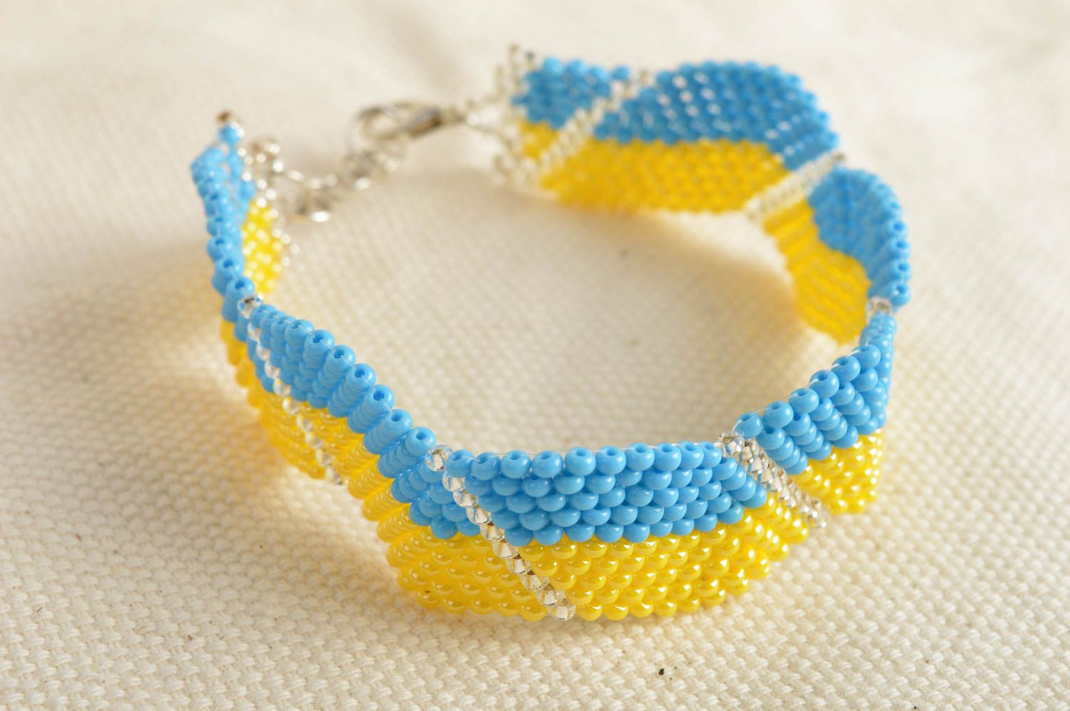 Handmade designer yellow and blue bead woven wide cuff wrist bracelet for women photo 1