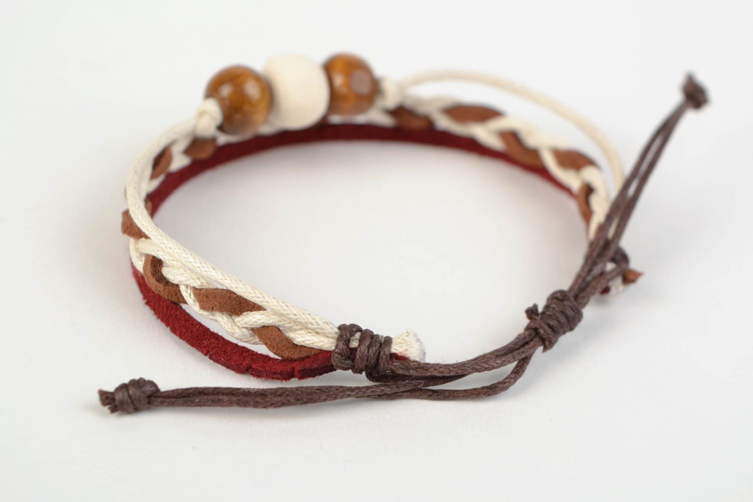 Stylish handmade woven suede cord bracelet with wooden beads photo 4