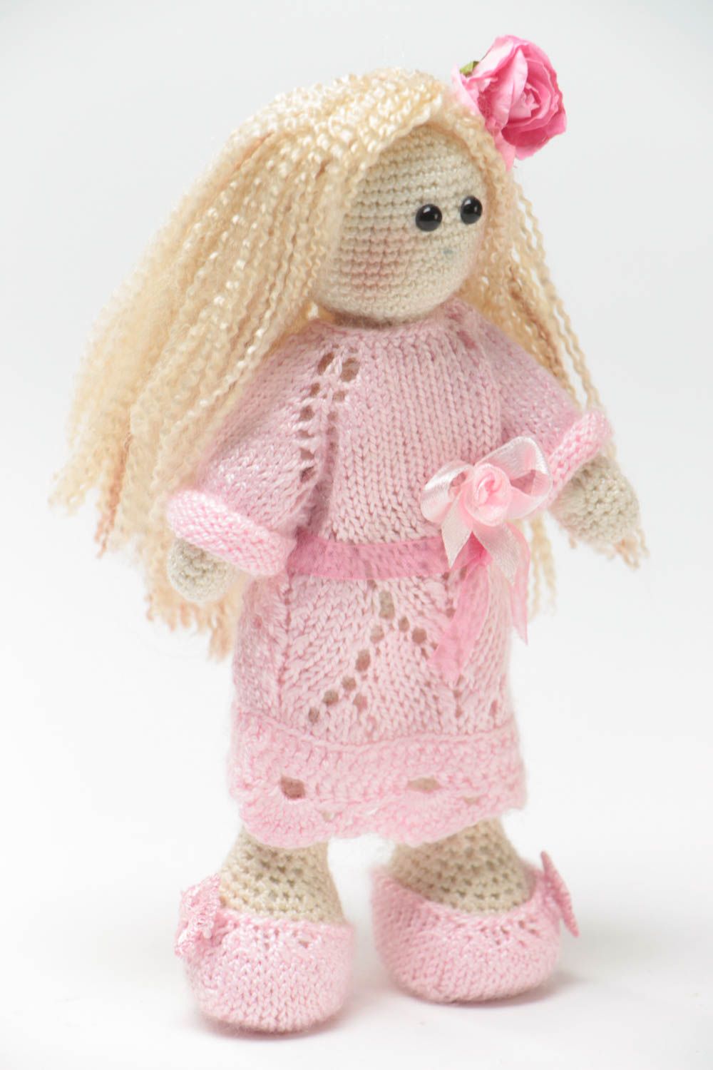 Poupée tricotée en fils acryliques faite main en robe rose cadeau pour enfant photo 2
