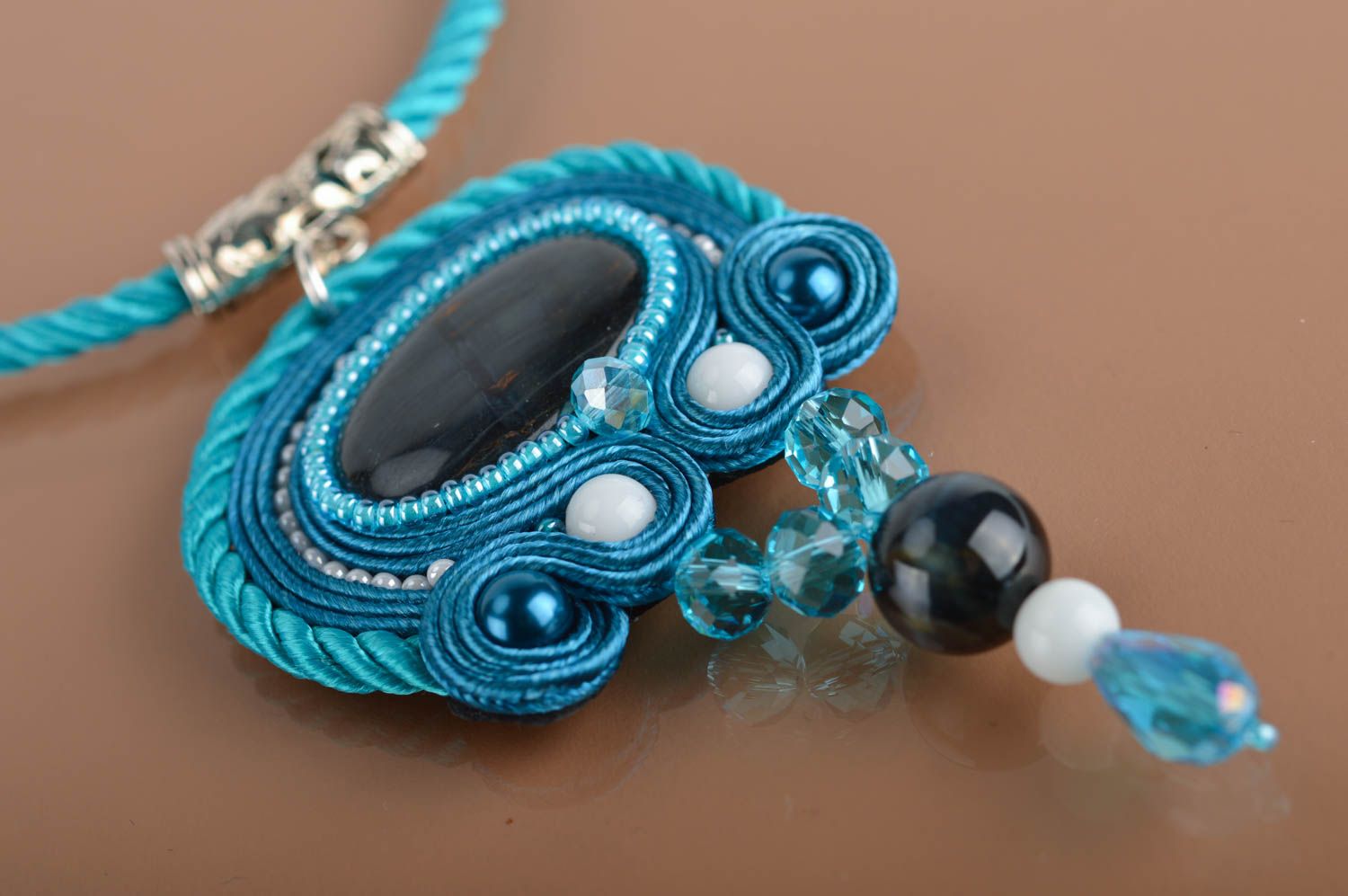 Unusual elegant handmade blue soutache necklace with natural stones photo 2