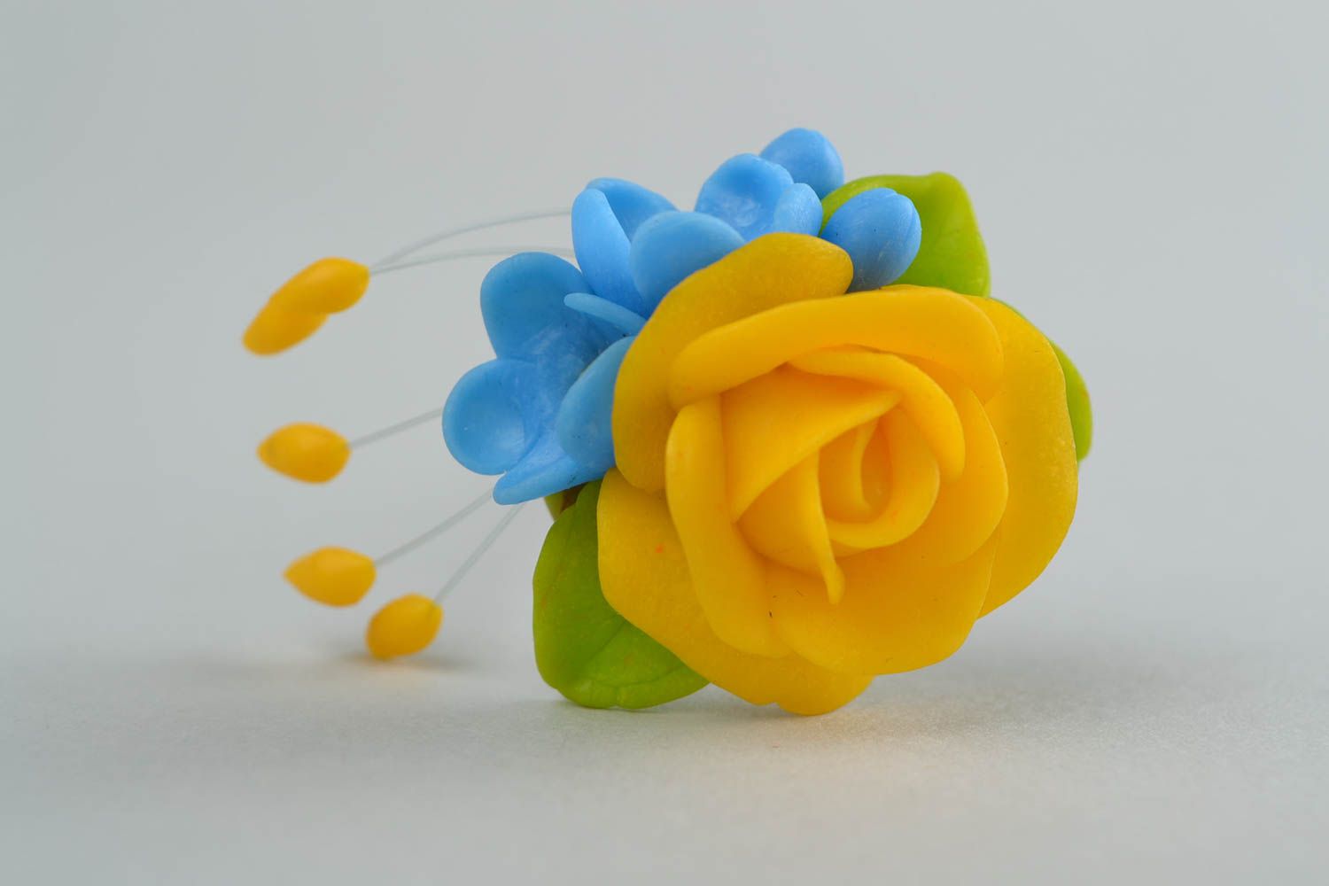 Little hairpin made of polymer clay yellow with blue handmade hair accessory photo 3