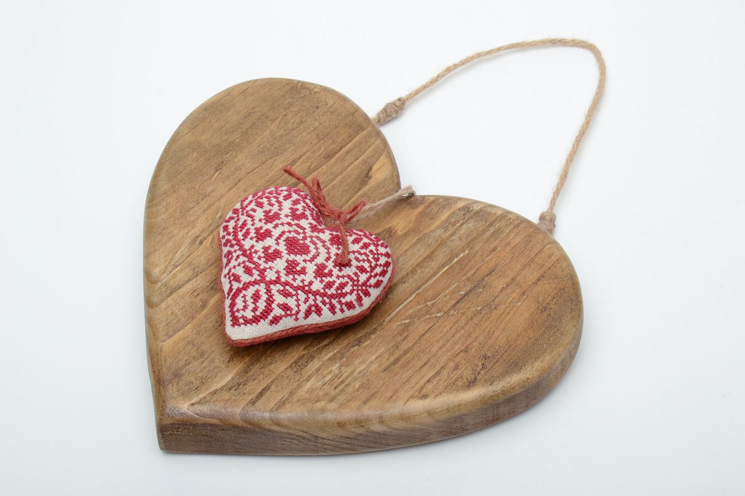 Wooden interior pendant with soft cross stitch embroidered heart photo 2