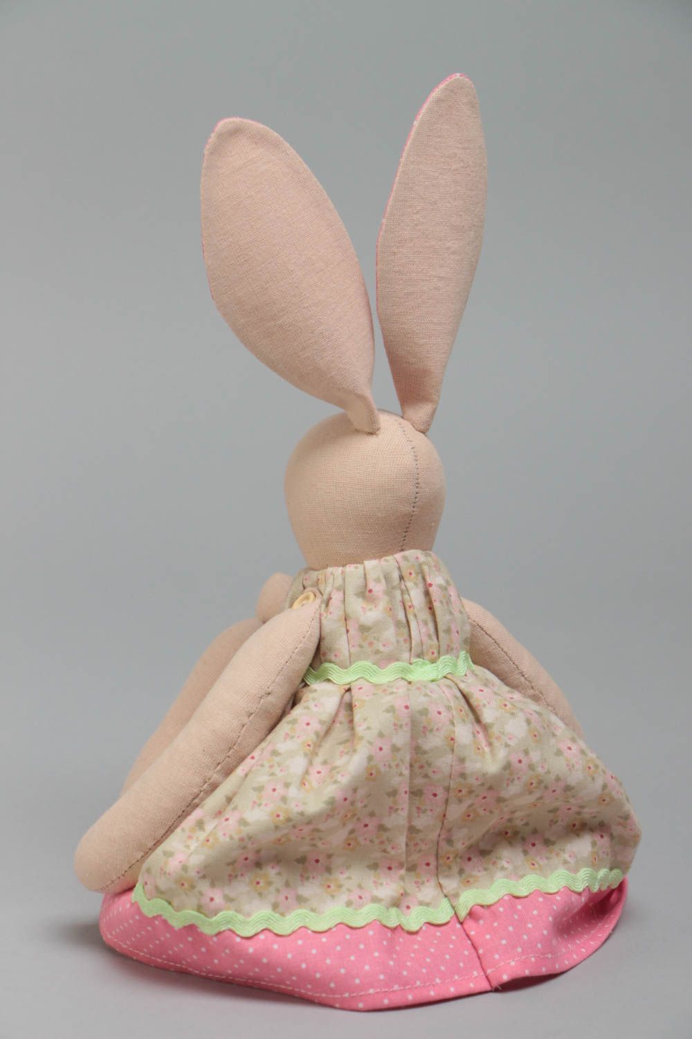 Handmade designer fabric soft toy rabbit girl with pink ears in floral dress  photo 4